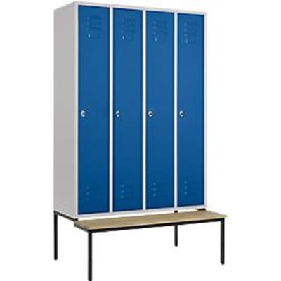 Kledinglocker, 4 compartimenten, 300 mm, draaigrendelslot, zitbank deur gentiaanblauw