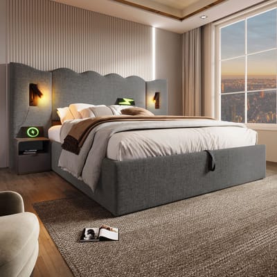 MEUNIQ gestoffeerd tweepersoons bed 180x200 cm met opbergruimte, lattenbodem, golvend hoofdbord, leeslampen, USB en Type-C, slaapkamer, grijs