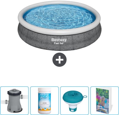 Bestway Rond Opblaasbaar Fast Set Zwembad - Rotanprint - 366 x 76 cm - Inclusief Pomp Chloor - Chloordrijver - Zwembadgids