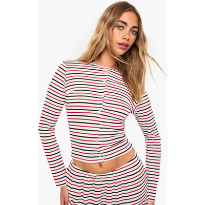 boohoo Dames Top met lange mouwen met streepjesknop | Red | Maat: 10