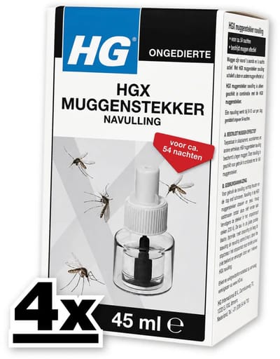 4 x HG X - Muggenstekker Navulling - Continue Bestrijding - 54 Nachten - 45 ml - Muggenwering - Muggen Afweren - Muggenspray - Muggenplaag - Muggenstop