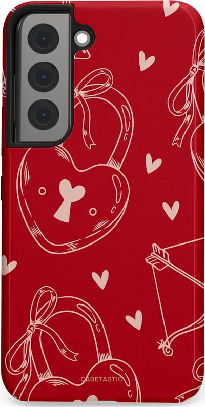 Casetastic Hoesje Geschikt voor Samsung S22 - Stijlvolle Beschermende Duo-layer Case - Hartendief - Liefdes Slotjes - Valentijn - Valentine - Love - Rood Wit