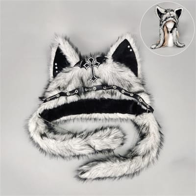 Nieuwe Gotische Punk Kattenoor Hoed Met Kruis Vleugel Ketting Decoratie Pluche Warme Wintermuts Voor Alternatieve Meisjes Y2K Rock Muziek Festival One Size black