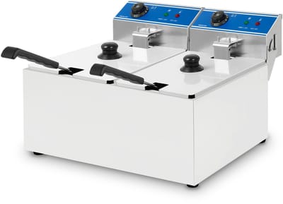 VERTES Professionele elektrische friteuse 2x 8 l, 2x 2,8 kW, 230 V, koude zone-principe, temperatuur 60-200 °C, frituurmand, resetfunctie, roestvrij staal, werkt op frituurolie