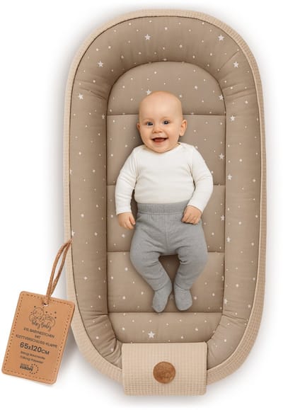 Babynestje Pasgeborene 65x120cm – Babynest behaaglijk Katoen & Wafel – zacht ademend en knus Nestje comfortabel voor Ledikant Wieg Kinderwagen Babykamer en Onderweg Beige met witte sterren