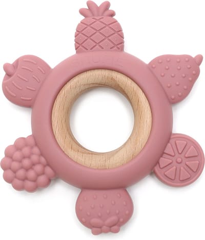 Snufie Fruit Punch Bijtring – Hout & Siliconen – Baby Speelgoed – Kraamcadeau – Babyshower Cadeau – BPA-vrij – Vanaf 3 maanden – Rose