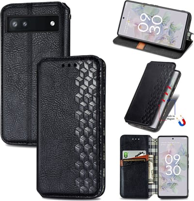 Luxe PU Lederen Ruitpatroon Wallet Case + Glas Screenprotector voor Google Pixel 6a _ Zwart