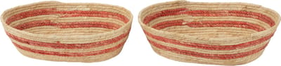 J-Line mand streepjes maïs - textiel - naturel/rood - set van 2