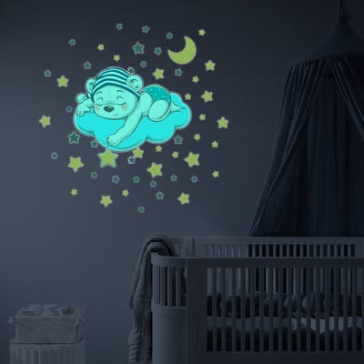 Lichtgevende sticker - DROMERIGE TEDDYBEER EN 50 STERREN - Fluorescerende muur-/plafondsticker voor kinderen - 110x130cm