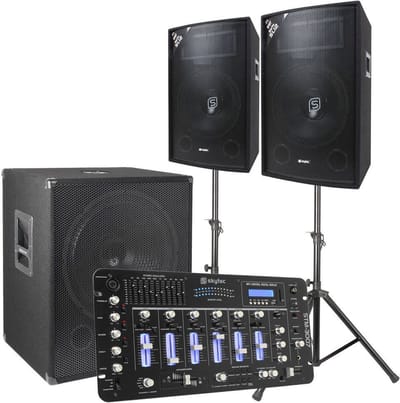 Skytec 2.1 complete DJ live set 1600 Watt met mixer en kabels