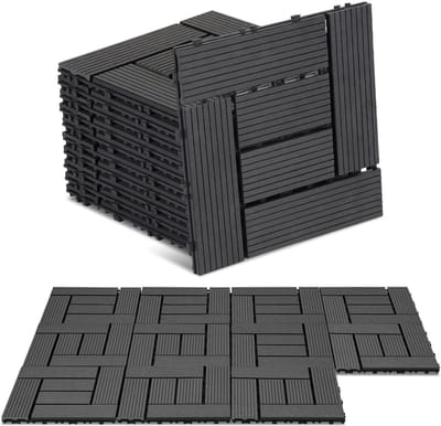 WPC-terrastegels, 30x30 cm, voordeelverpakking van 55 stuks voor 5 m², antraciet houtlook, voor tuin- en balkonvloeren met drainage en kliksysteem.
