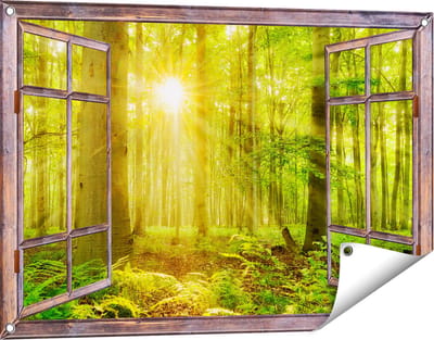 Gards Tuinposter Doorkijk Groen Bos met Schijnende Zonnestralen - 90x60 cm - Tuindoek - Tuindecoratie - Wanddecoratie buiten - Tuinschilderij