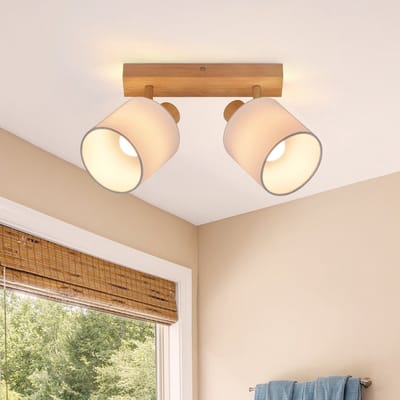 NETTLIFE Opbouwspot - 2-lichts - hout - E14 Fitting - met Stof Lampkap - 350° draaibar Plafondspot - Vintage Keukenlamp - Max. 25W - Metaal - voor Slaapkamer | Hal | Woonkamer - Zonder Lichtborn - L 25cm