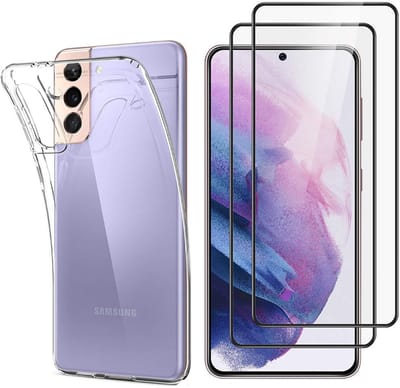 Hoesje Ultraslank geschikt voor Galaxy s21 Plus backcover siliconen Transparant en 2 stuks ScreenProtector Gehard Glas met zwarte randen