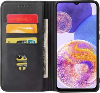 Smartphonica Samsung Galaxy A23 kunstleren hoesje met magnetische sluiting en pashouders book case - zwart geschikt voor Samsung Galaxy A23