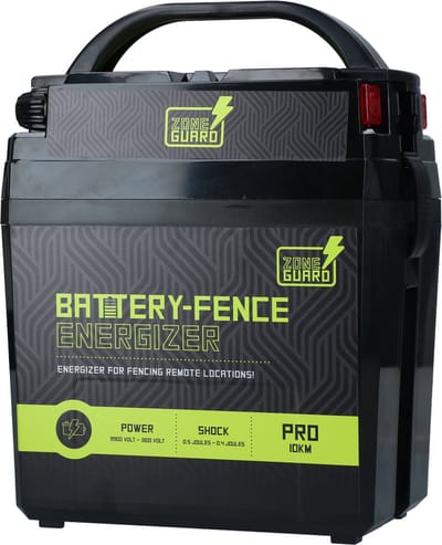 ZoneGuard Batterij Energizers Pro – 10 KM – Geschikt voor Omheiningssysteem op Stroom – Inclusief Zwarte Aardkabel & Rode Stroomaansluitkabel – Elektrisch – Sterke Slagkracht