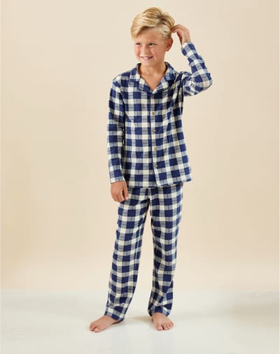 Little Label - jules klassieke pyjama jongens - grote ruit donkerblauw - 8Y/122-128 - extra zachte bio-katoen