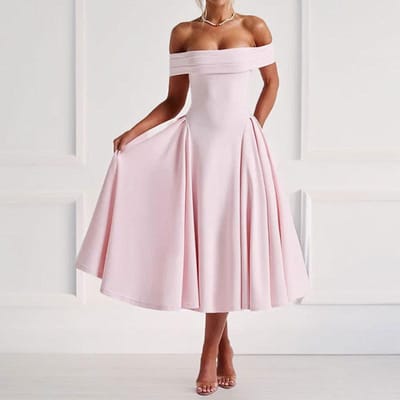 Nieuwe Lente Trendy Dameskleding Elegant Temperament Effen Kleur Off-shoulder Taille-omhelzend Mode Jurk L
