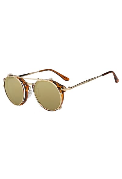 KIMU® Ronde Zonnebril Clip On Steampunk - Turtoise Bruin Goud Montuur Rond - Gouden Spiegelglazen - Vintage Bruine Clipon Voorzet Festival