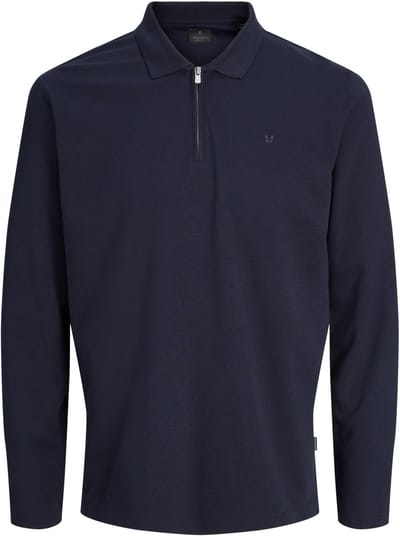 Jack & Jones blauwe heren polo   Rib kraag   Regular fit   Ritssluiting   Duurzaam   Lange mouw Blauw M