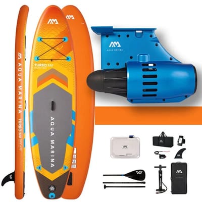 Aqua Marina Amgo Turbo E-SUP Set - Met BlueDrive Power Fin Elektrische Motor - 320x81cm - Max 145kg - Inclusief Accu, Afstandsbediening, Pomp & Peddel
