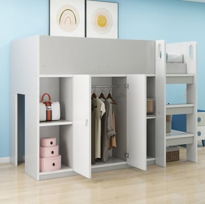 MEUNIQ Hoogslaper 90x200 cm met ladder, kast en open planken, voor kinderkamer, wit en grijs, met opbergruimte