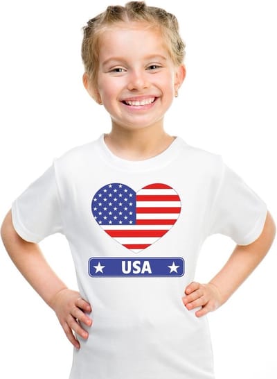 Amerika / USA Supporters t-shirt - kinderen - hartjes vlag - wit - korte mouwen - sport - kleding 110/116