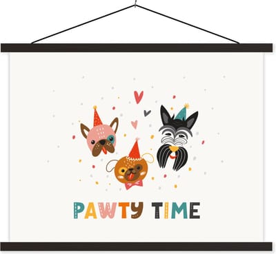Posterhanger incl. Poster 40x30 cm - Schoolplaat - Honden - Quotes - Spreuken - Pawty time - Textielposter - Zwarte latten