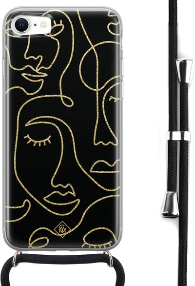 Casimoda® hoesje met koord - Geschikt voor iPhone SE (2020) - Abstract Faces - Afneembaar koord - Siliconen/TPU - Zwart