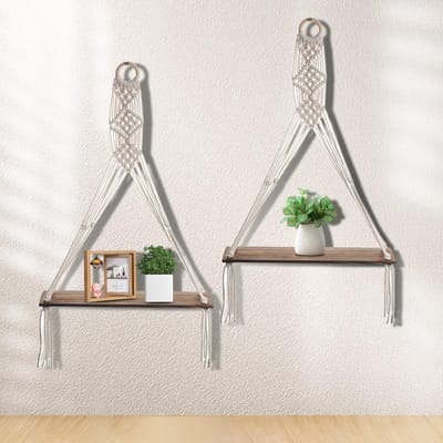 Set van 2 Wandplanken van Hout met Macramé, Bohemian Wanddecoratie voor Woonkamer, Handgeweven Planken met Tassen en Natuurlijk Hout