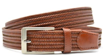 Timbelt Elastische Riem met Gevlochten Leer - Stretch Elastiek – Heren - Cognac - Lengte totaal 115 cm / Riemmaat 95