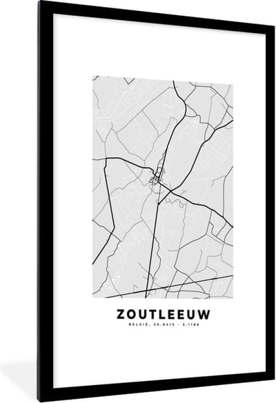 Fotolijst incl. Poster Zwart Wit- Stadskaart – Plattegrond – België – Zwart Wit – Zoutleeuw – Kaart - 60x90 cm - Posterlijst