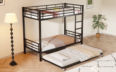 Stapelbed Met Uittrekbaar Bed - 90x200 cm & 90x190 cm - IJzeren Bed Met 4 Zijhekken - Zwart - EN747 Gecertificeerd