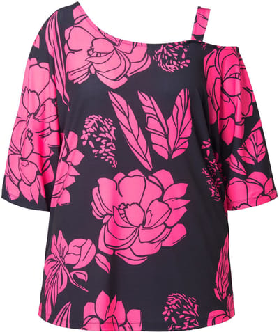 MIAMODA - Dames - T-shirt oversized bloemen cut-out bij de schouder - Zwart - Maat 44