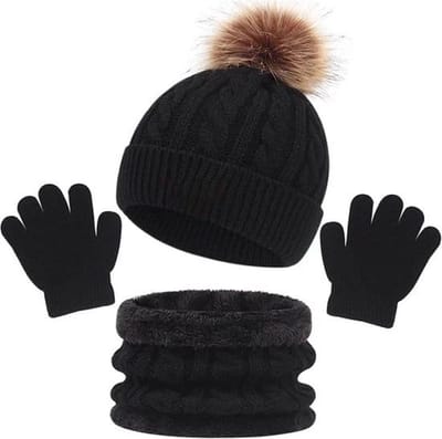 Kindermuts - 3 in 1 - Beanie - Handschoenen - Sjaal - Winter - Zwart - 1 tot 5 jaar