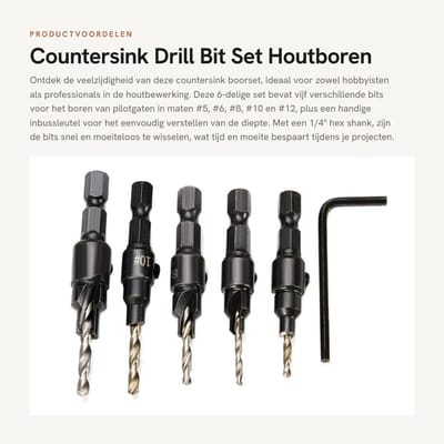 Dailygoods- Verzinkboor Set 6-delig - HSS Stalen Bits - Zeskantschacht 1/4" - Voorboren en Verzinken - Verstelbare Diepte - Inclusief Zeskantsleutel - Boorset