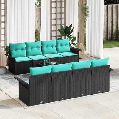 vidaXL - Tuinbank - Set - 9 - st - Zwart - en - Turkoois - poly - rattan