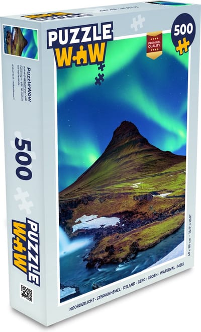 Puzzel Noorderlicht - Sterrenhemel - IJsland - Berg - Groen - Waterval - Meer - Legpuzzel - Puzzel 500 stukjes