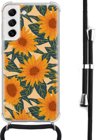Hoesje met koord geschikt voor Samsung Galaxy S21 FE - Zonnebloemen - Inclusief koord - Crossbody beschermhoes - Transparant, Oranje - Mooie Telefoonhoesjes