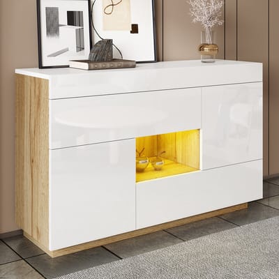 Wishdor Dressoir - Hoogglans Front - Met Kleurwisselende Ledverlichting - Met 2 Lades En 2 Deuren - Wit - 120 X 76,5 X 37 Cm