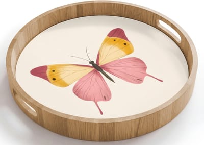 Dienblad rond 40x40 cm - Schootdienblad hout - Vlinder - Illustratie - Roze - Borrelplank rechthoek - Plateau houten dienbladen