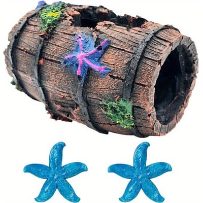 1pc Tonneau Cassé, 2pcs Ornements Étoile de Mer Bleue Décor Étoile de Mer Tonneau Cassé Résine Décorations Accessoires Aquarium Poisson Combattant Décorations pour Décoration Grotte à Poissons