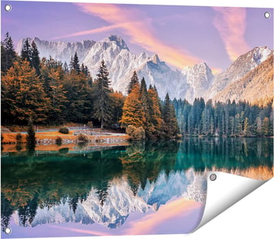 Gards Tuinposter Meer met Weerspiegeling van de Bergen - 80x60 cm - Tuindoek - Tuindecoratie - Wanddecoratie buiten - Tuinschilderij