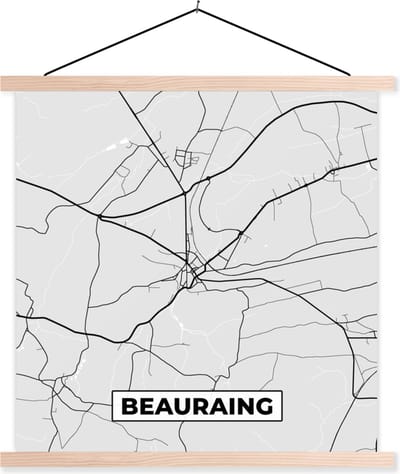 Posterhanger incl. Poster 40x40 cm - Schoolplaat - België – Beauraing – Stadskaart – Kaart – Zwart Wit – Plattegrond - Textielposter - Blanke latten - Stadskaart