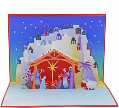 3D Kerstkaart - Kerstgroet Kaart - Kerstfeest Vieren - Handgemaakt Kunstwerk - 13 x 18 cm - Rood Blauw