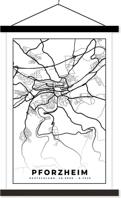 Posterhanger incl. Poster 40x60 cm - Schoolplaat - Plattegrond - Pforzheim - Kaart - Stadskaart - Textielposter - Zwarte latten - Stadskaart