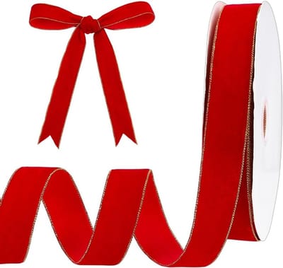 20m Rode Fluwelen Lint 2.5cm voor Kerstdecoratie met Gouden Rand, Zacht Satijnen Lint voor Kerstboom, Kransen, Haarstrikken en Bruiloften