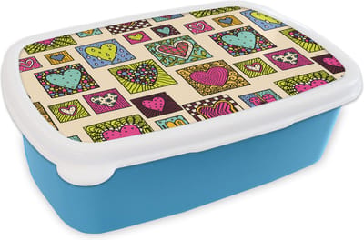 Broodtrommel Blauw - Lunchbox - Brooddoos - Bohemian - Hartjes - Doodle - Patronen - 18x12x6 cm - Kinderen - Jongen