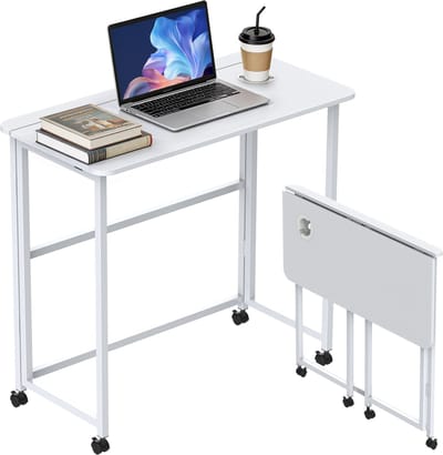 Soontrans-Bureaus-Verplaatsbare Bureaus-Inklapbaar Bureau-Opvouwbaar Bureau-Tafel-Rolbureau-Mobiel Bureau-Bureaublad met Bekerhouders-Wit