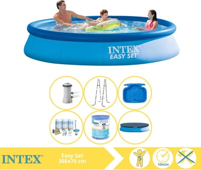 Intex Rond Opblaasbaar Easy Set Zwembad - 366 x 76 cm - Blauw - Inclusief Pomp - Afdekzeil - Onderhoudspakket - Filter - Ladder - Voetenbad - 7-delig